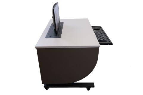 Sit/Stand Podium_Trolley_Casters_Seated_MonitorUp_KYBDOut_Side